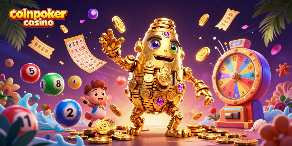 Jouez au coinpoker casino avec un golem d'or et des éléments de loterie colorés.