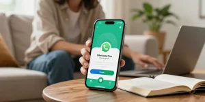WhatsApp下載 screen displayed on a smartphone in a cozy living room, emphasizing easy access to messaging features.