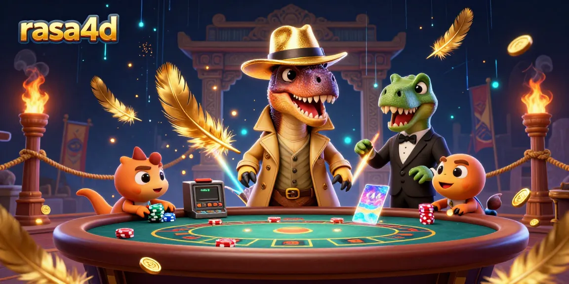 Rasakan keseruan permainan kasino rasa4d dengan velociraptor yang menghitung kartu di meja blackjack.