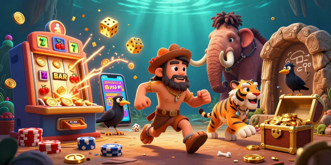 M88 link alternatif showcases a vibrant, engaging prehistoric casino scene with cartoon characters and exciting game elements.