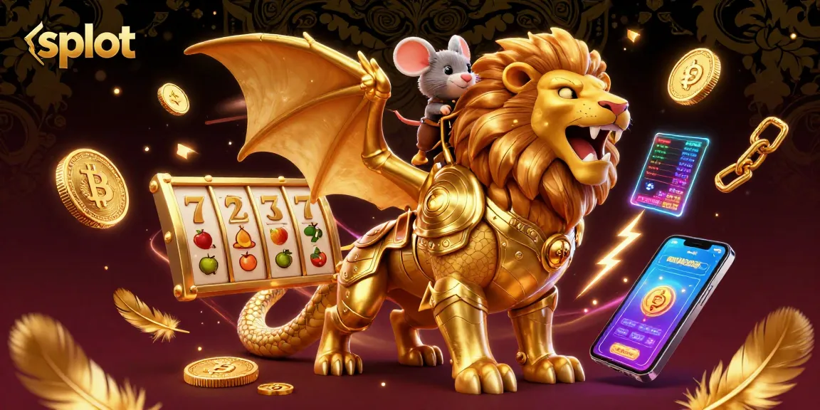Engaging slot scene featuring a golden chimera creature, cryptocurrency elements, and dynamic slot reels.