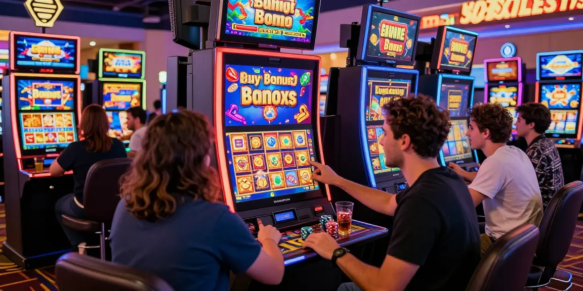Players enjoying bonus buy slots at an online casino, engaging with vibrant slot machines and excitement.