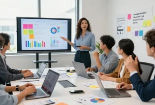 Engaged team in a social media marketing consultation service in KL, discussing analytics and strategies in a vibrant office.