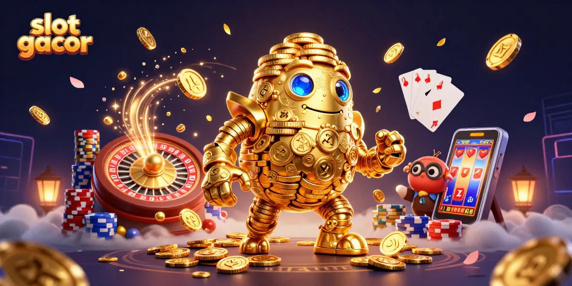 Memenangkan slot gacor dengan golem emas kuno dikelilingi koin mengalir, simbol slot, dan elemen kasino menarik