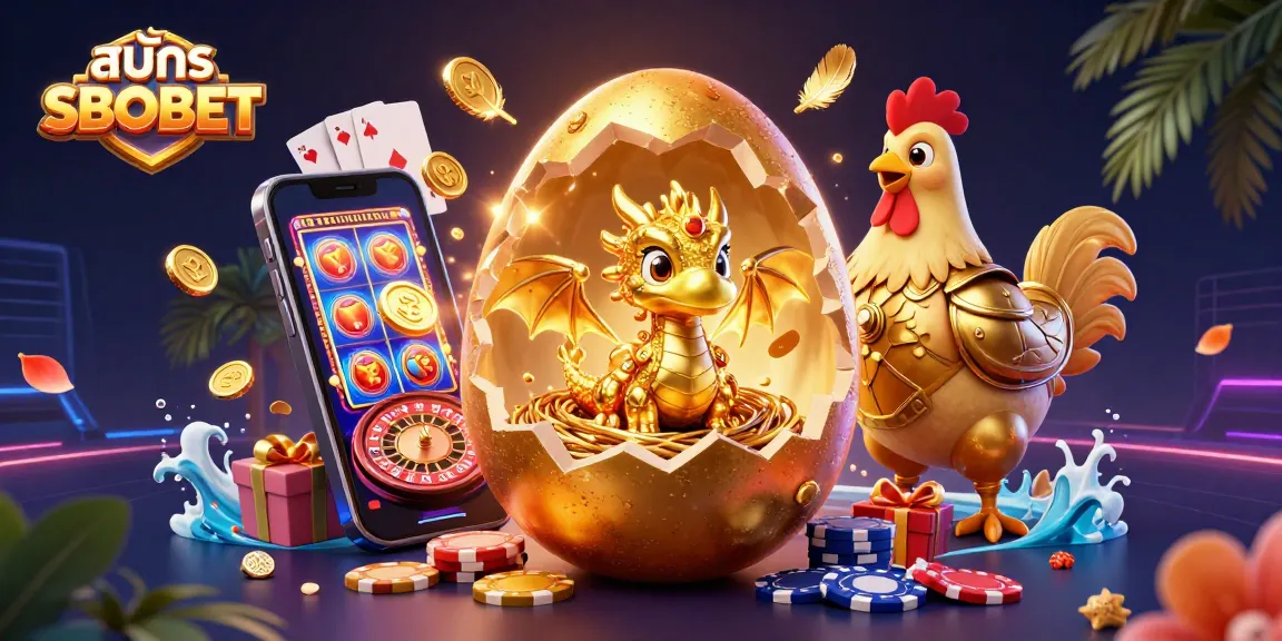 Engage with the vibrant world of สมัคร SBOBET as a baby dragon made of gold shines on poker chips amidst dynamic casino elements.
