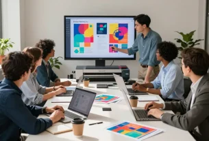Group brainstorming about Poster Printer Machines in a bright office setting with printed materials and digital displays.