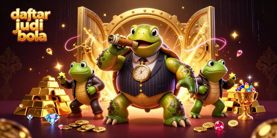 Engage with daftar judi bola through a lively 3D illustration of a turtle mobster and bullfrog enforcers in a casino.