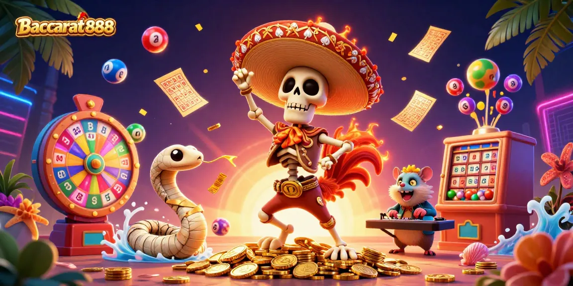 Baccarat888 animated characters celebrating winnings amidst colorful lottery elements and a dazzling casino background.