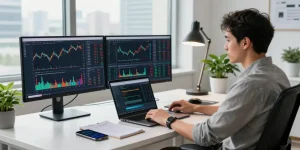 MetaTrader 5 trading setup with multiple monitors displaying charts and analysis in a professional workspace.