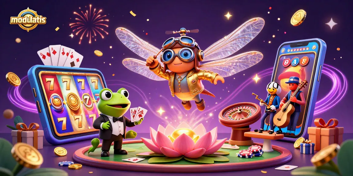 Modulatis menampilkan kasino yang meriah dengan pilot dragonfly dan croupier katak dalam aksi permainan slot.