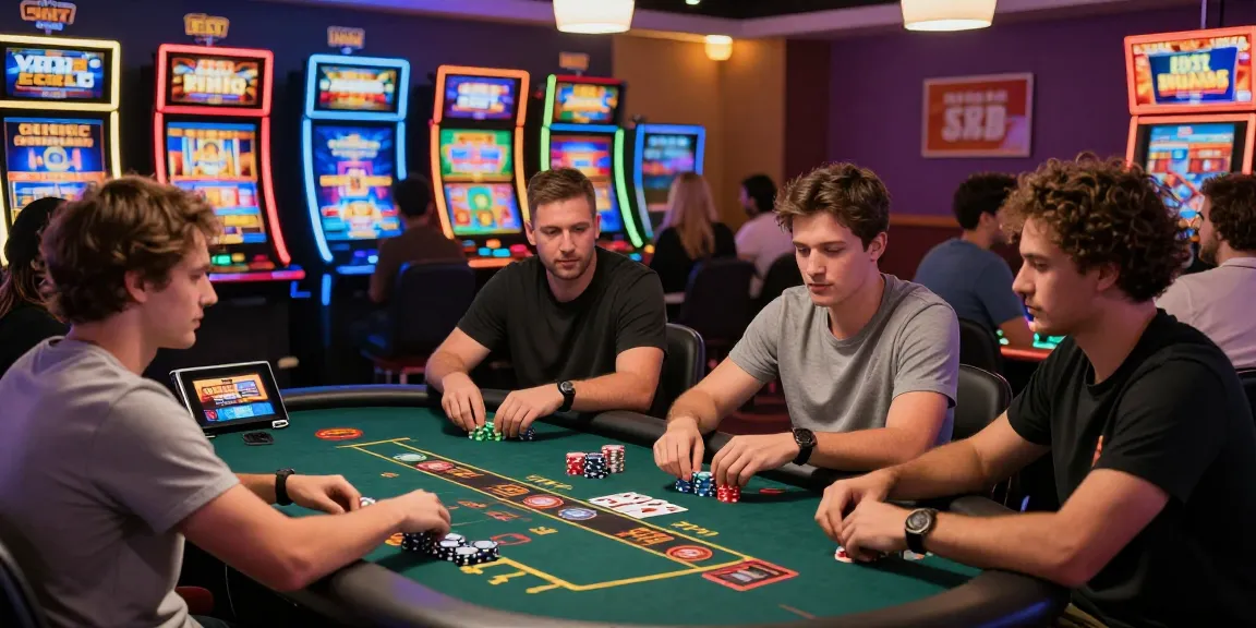 Exciting gaming scene at credit card casinos featuring players engaged at digital tables and colorful slot machines.