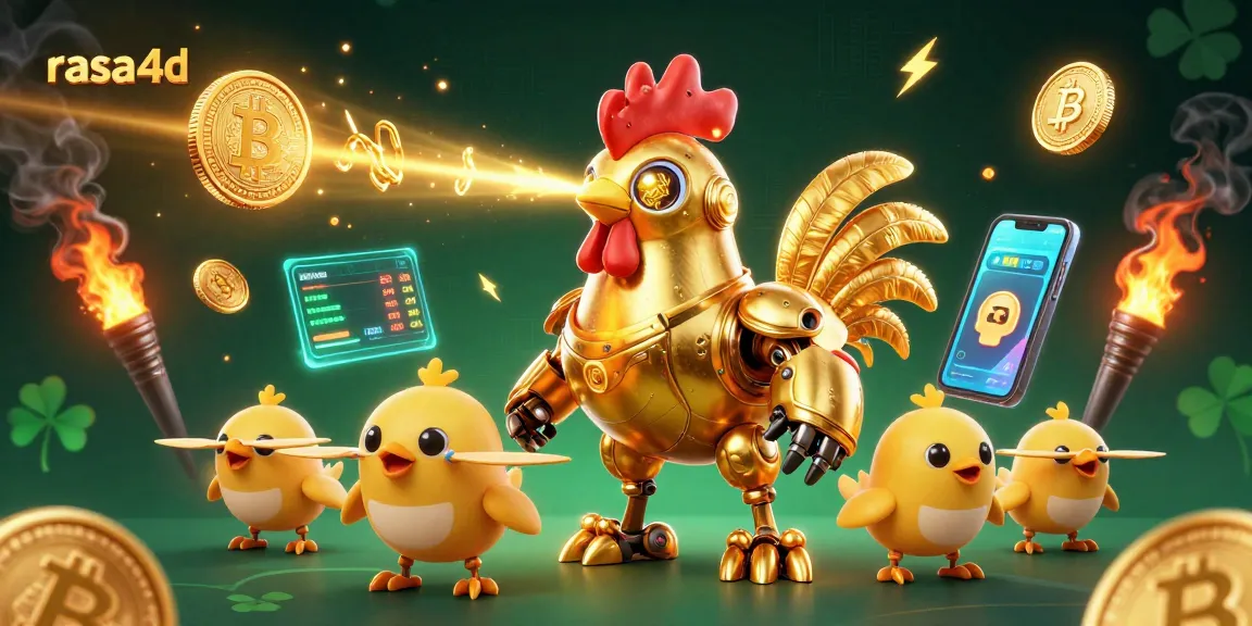 Rasa4d memikat dengan karakter robot ayam emas bertema kasino, mengukir pola emas dengan laser.