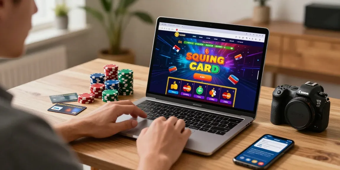 Engaging scene of a player using credit card casinos on a laptop, showcasing vibrant game graphics and payment options.