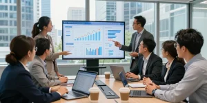 CIBC digital business professionals collaborating on financial strategy in a modern office
