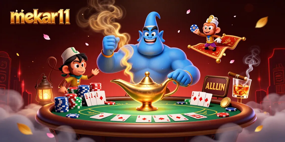 Mekar11 showcases a magical online casino scene with a genie, poker chips, and vibrant action.