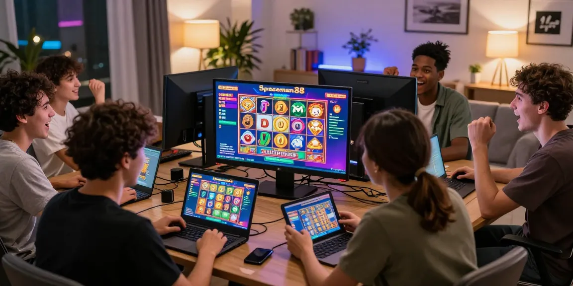 Excited gamers playing Spaceman88, showcasing a vibrant online slot experience in a cozy atmosphere.