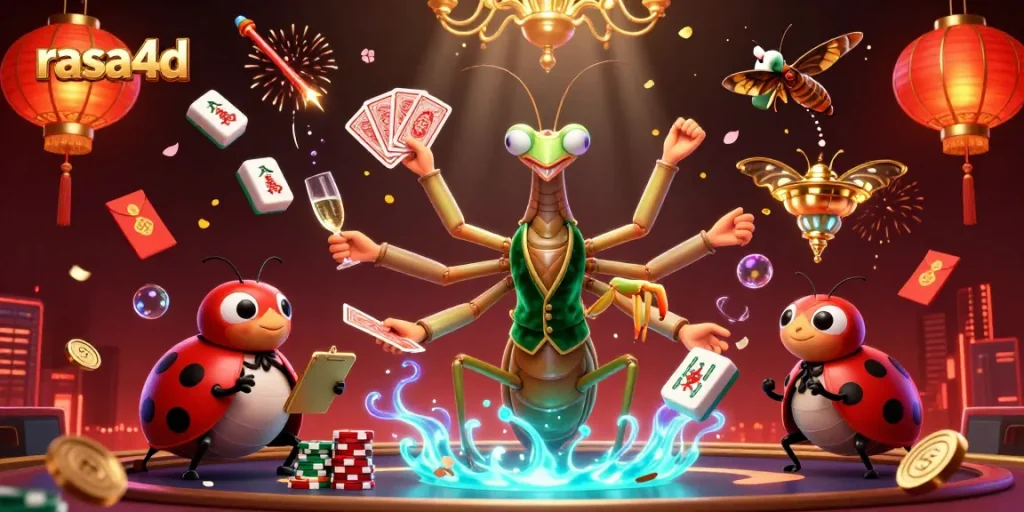 Rasa4d menawarkan pengalaman kasino dengan karakter unik dan elemen menarik dalam ilustrasi berwarna.