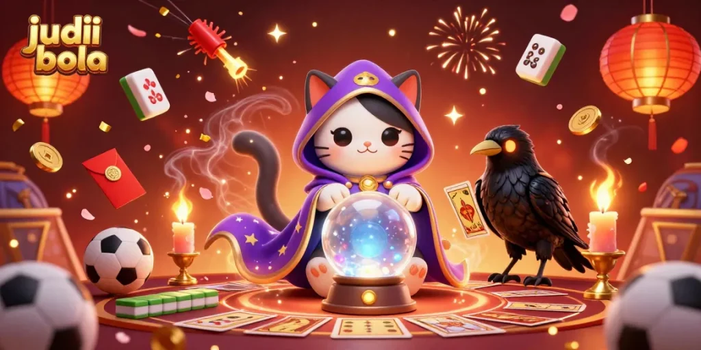 Place bets on judi bola with exciting graphics and dynamic elements featuring sports balls and celebrating characters.