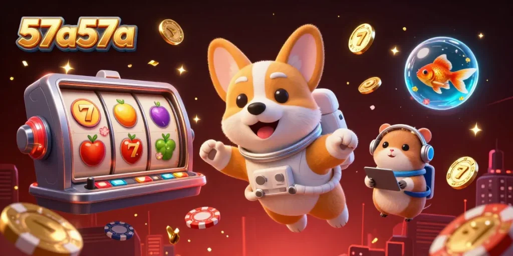 Ocorrem jogos empolgantes com 57a57a em um cassino espacial com um corgi astronauta e elementos de frutas.