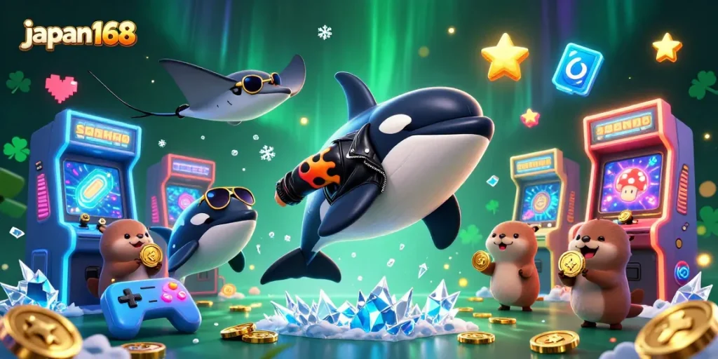 Engage with japan168 as sea creatures celebrate luck with golden coins and vibrant gaming elements.