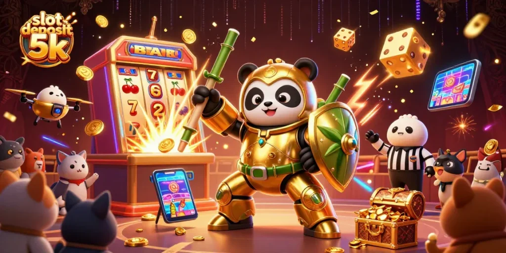 Engage with the thrill of slot deposit 5k through an exciting 3D illustration featuring dynamic game elements and characters.