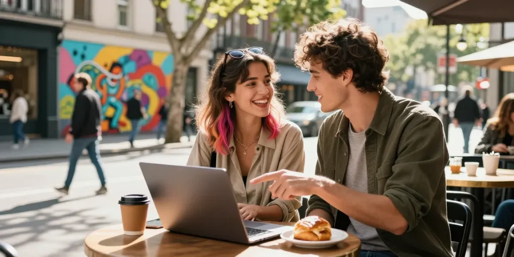 Couple enjoying a casual café moment while discussing سكس زنوج in urban setting, vibrant street art in background.