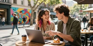 Couple enjoying a casual café moment while discussing سكس زنوج in urban setting, vibrant street art in background.