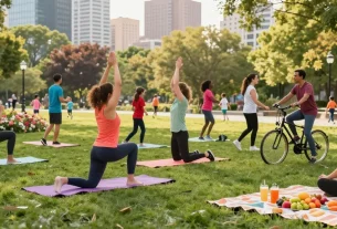 Community health activities in an urban park, emphasizing fitness and wellness