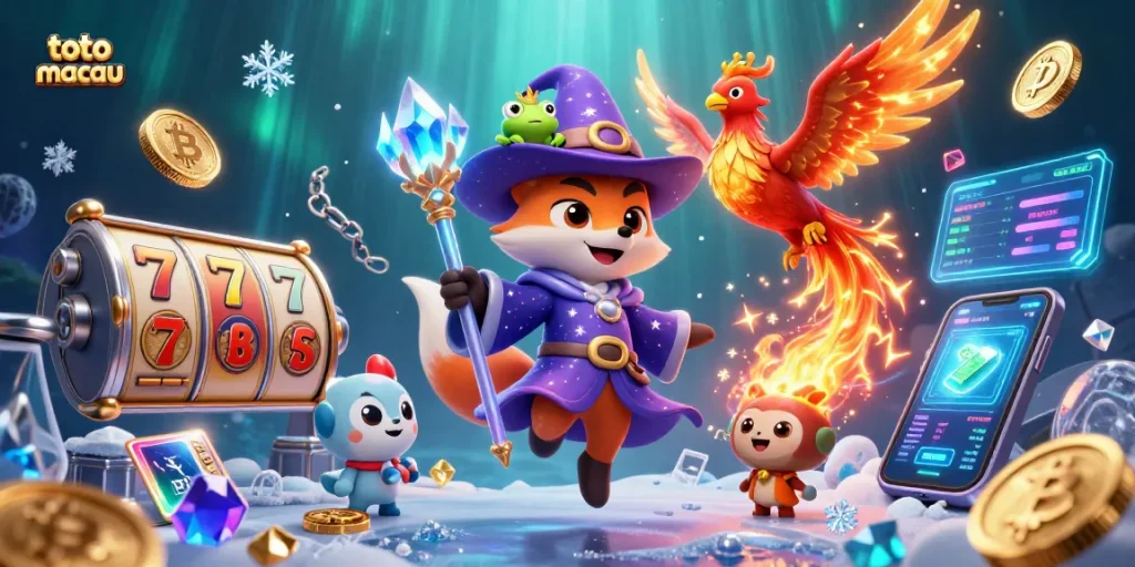 Experience thrilling wins with toto macau in this vibrant 3D casino illustration featuring a wizard fox and phoenix.
