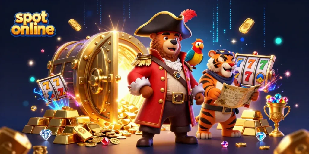 Engage in exciting slot online adventures with a vibrant scene featuring cartoon characters and treasures.