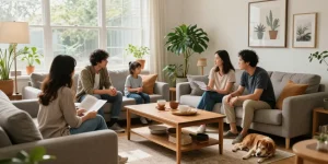 شراء اثاث مستعمل بالرياض with family evaluating pre-owned furniture in cozy living room.