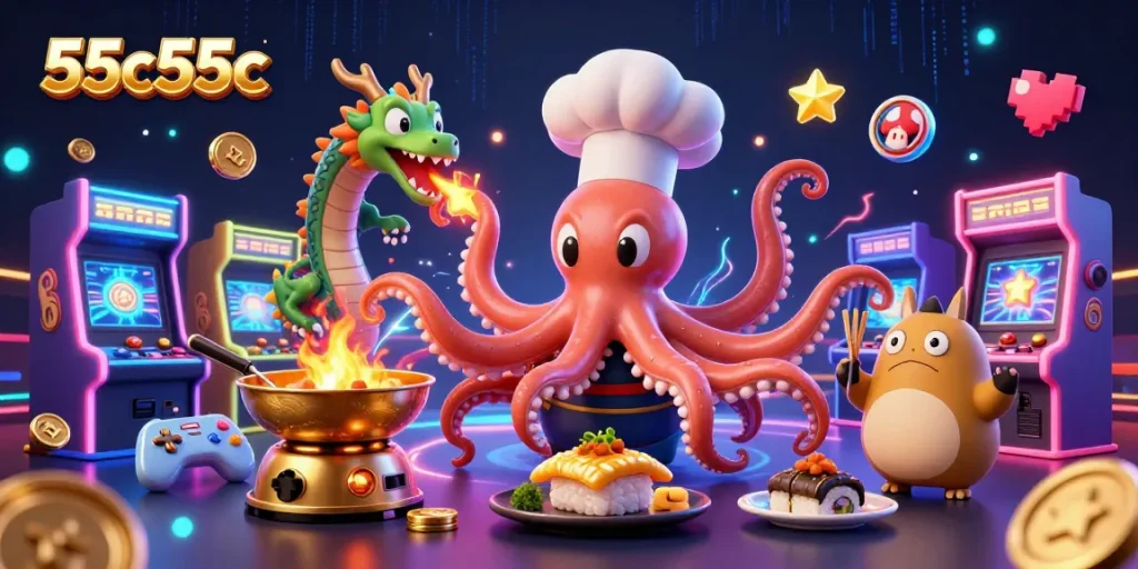 Aproveite as oportunidades de jogo incríveis da 55c55c enquanto um polvo chef prepara pratos dourados em um cenário fascinante.