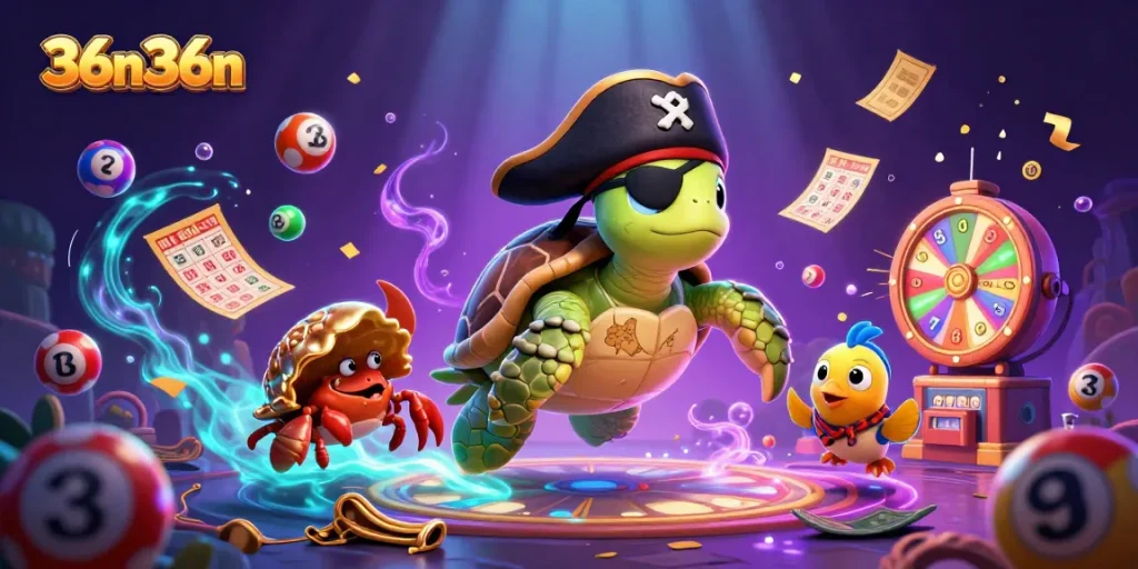 Aproveite a aventura de 36n36n com a tartaruga pirata e tesouros flutuantes em um cenário vibrante.
