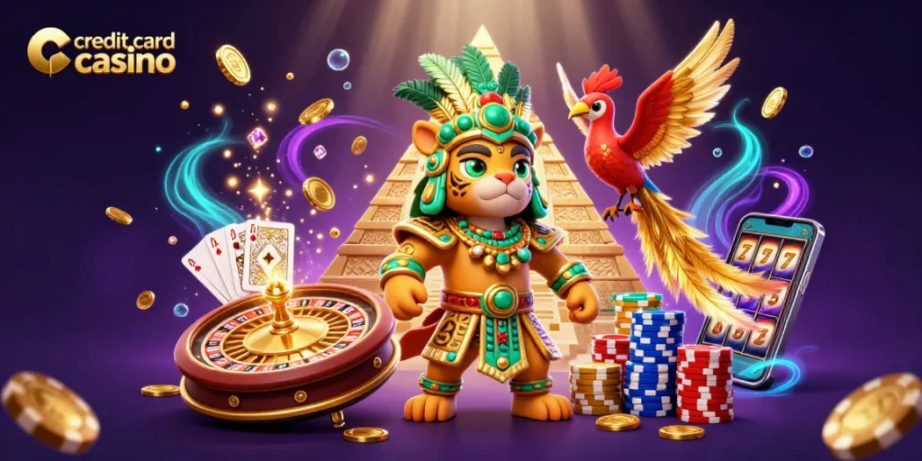 Cascade of gems and coins in a vibrant credit card casino scene with Mayan characters