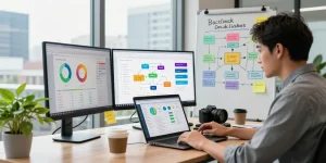Marketing expert analyzing backlinks strategy on multiple screens in a vibrant workspace.