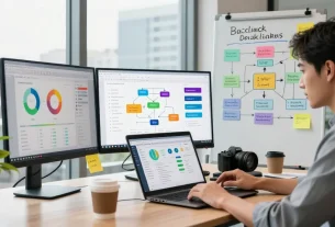 Marketing expert analyzing backlinks strategy on multiple screens in a vibrant workspace.