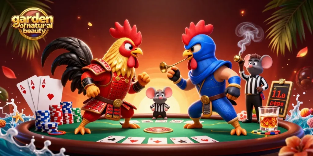Gamer memainkan poker di gardenofnaturalbeauty dengan dua ayam bertarung dalam standoff dramatis.